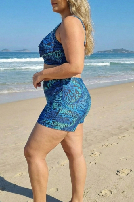 Costum de baie 2 piese, marime mare, cu slipi tip pantaloni scurti, sutien bustiera, Aquamarine [3]