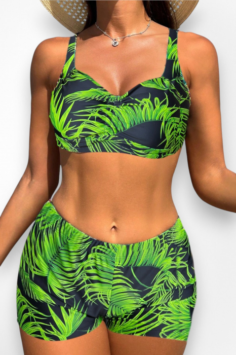 Costum de baie 2 piese, marime mare, cu slipi tip pantaloni scurti, sutien bustiera, verde, green lagoonembody.ro [5]