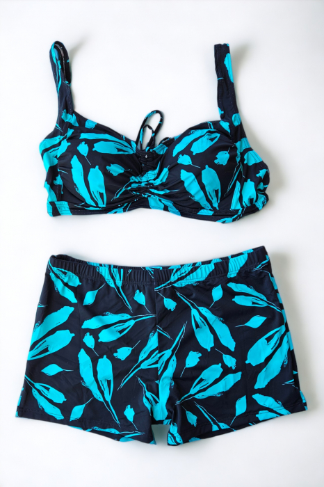 Costum de baie 2 piese, marime mare, cu slipi tip pantaloni scurti, sutien bustiera, albastru, palms embody.ro [2]