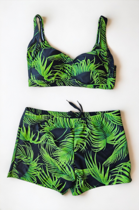 Costum de baie 2 piese, marime mare, cu slipi tip pantaloni scurti, sutien bustiera, verde, green lagoonembody.ro [2]