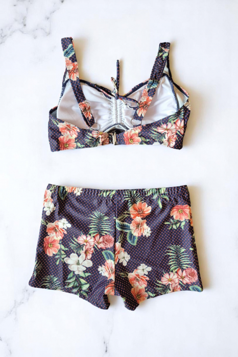 Costum de baie 2 piese, marime mare, cu slipi tip pantaloni scurti, sutien bustiera roses 22096 5005 [2]