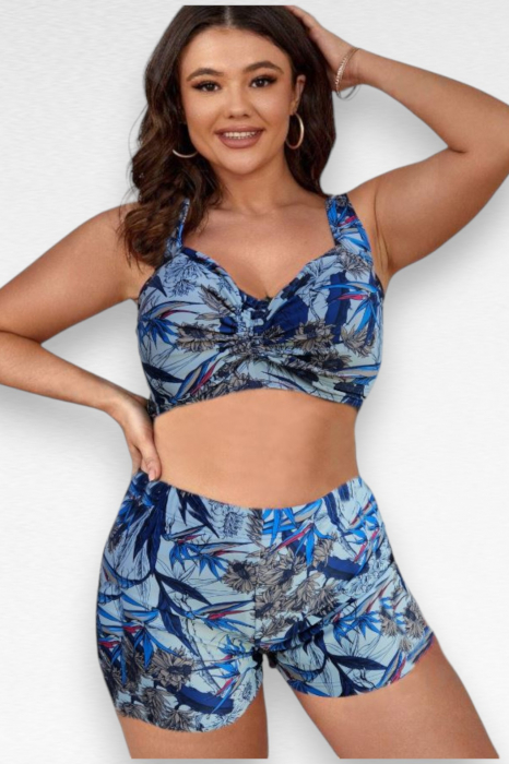 Costum de baie 2 piese, marime mare, cu slipi tip pantaloni scurti, sutien bustiera, albastru, Cara embody.ro [4]