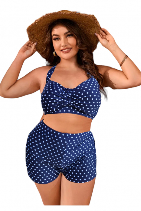 Costum de baie 2 piese, marime mare, cu slipi tip pantaloni scurti, sutien bustiera, albastru, Dots embody.ro [4]