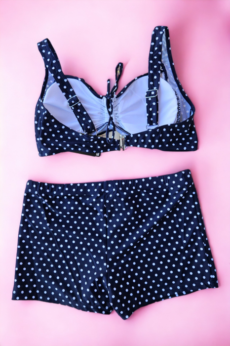 Costum de baie 2 piese, marime mare, cu slipi tip pantaloni scurti, sutien bustiera, albastru, Dots embody.ro [3]