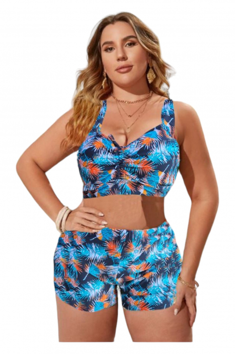 Costum de baie 2 piese, marime mare, cu slipi tip pantaloni scurti, sutien bustiera, albastru, Jolly embody.ro [4]