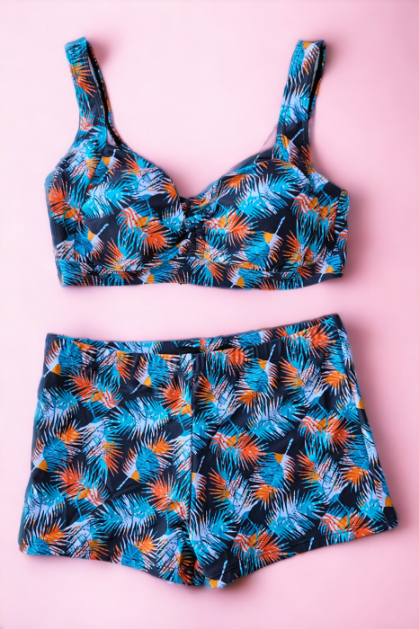 Costum de baie 2 piese, marime mare, cu slipi tip pantaloni scurti, sutien bustiera, albastru, Jolly embody.ro [2]