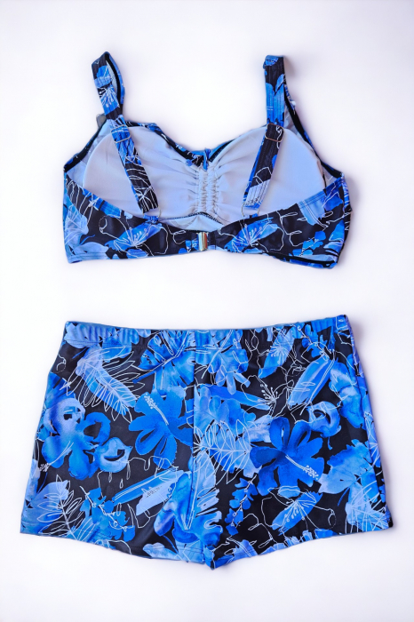 Costum de baie 2 piese, marime mare, cu slipi tip pantaloni scurti, sutien bustiera, albastru, Blue lagoon embody.ro [3]