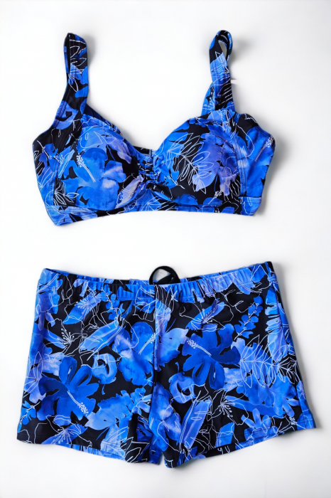 Costum de baie 2 piese, marime mare, cu slipi tip pantaloni scurti, sutien bustiera, albastru, Blue lagoon embody.ro [2]