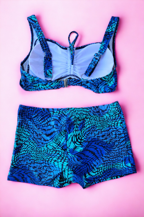 Costum de baie 2 piese, marime mare, cu slipi tip pantaloni scurti, sutien bustiera, albastru, Aquamarine embody.ro [3]