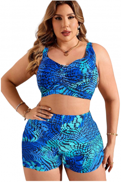 Costum de baie 2 piese, marime mare, cu slipi tip pantaloni scurti, sutien bustiera, albastru, Aquamarine embody.ro [4]