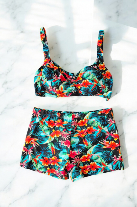 Costum de baie 2 piese, marime mare, cu slipi tip pantaloni scurti, sutien bustiera, embody.ro [2]