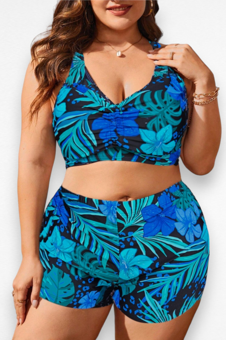 Costum de baie 2 piese, marime mare, cu slipi tip pantaloni scurti, sutien bustiera, albastru, Flowers embody.ro [5]