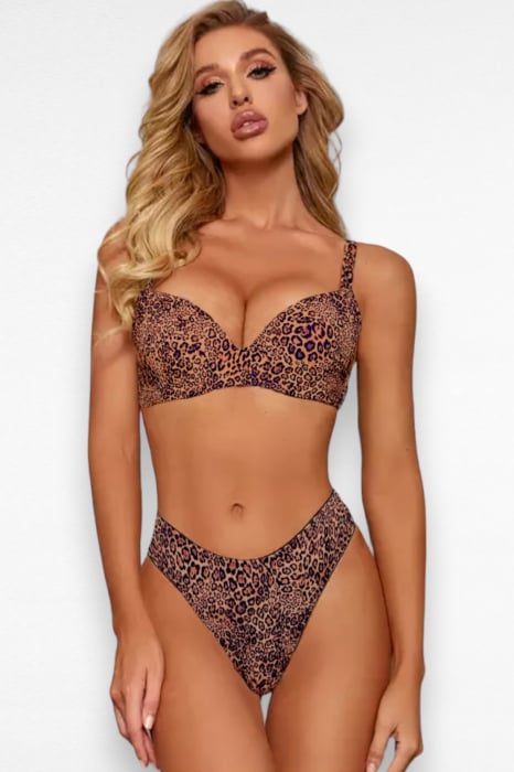 Costume de baie din 2 piese, slip brazilian, imprimeu animal print, maro, Sexy Leo embody.ro [4]