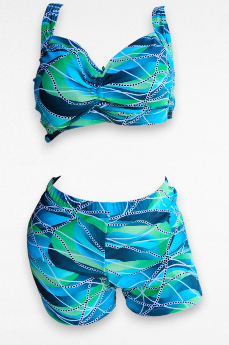 Costum de baie 2 piese, marime mare, cu slipi tip pantaloni scurti, sutien bustiera, albastru, Ella embody.ro [5]