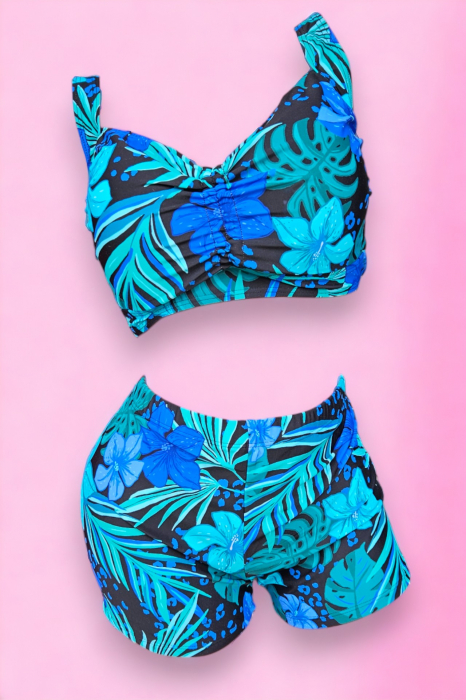 Costum de baie 2 piese, marime mare, cu slipi tip pantaloni scurti, sutien bustiera, albastru, Flowers embody.ro [4]
