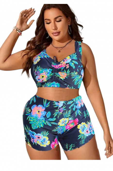 Costum de baie 2 piese, marime mare, cu slipi tip pantaloni scurti, sutien bustiera, multicolor, Azuro embody.ro [4]