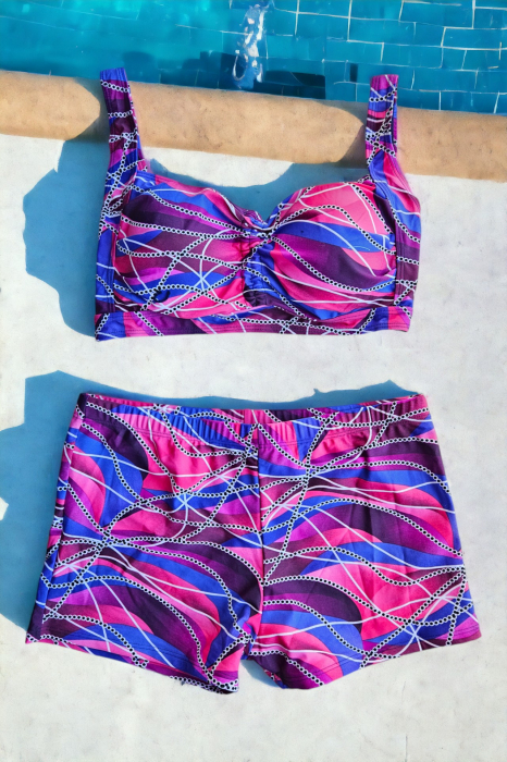 Costum de baie 2 piese, marime mare, cu slipi tip pantaloni scurti, sutien bustiera, multicolor, Rynna embody.ro [2]