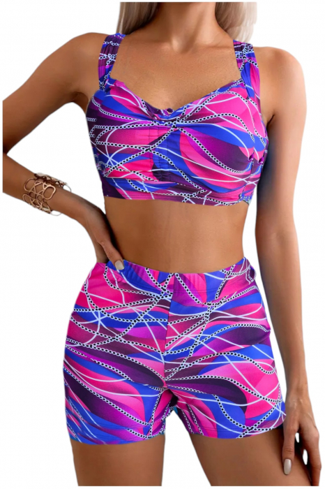 Costum de baie 2 piese, marime mare, cu slipi tip pantaloni scurti, sutien bustiera, multicolor, Rynna embody.ro [4]