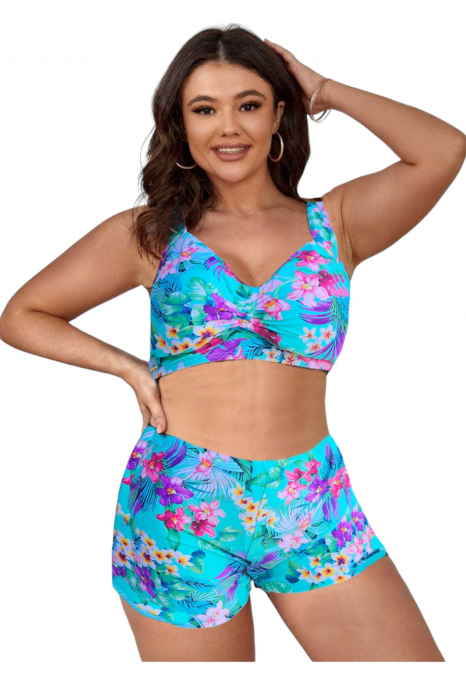 Costum de baie 2 piese, marime mare, cu slipi tip pantaloni scurti, sutien bustiera, multicolor, Cara embody.ro [4]