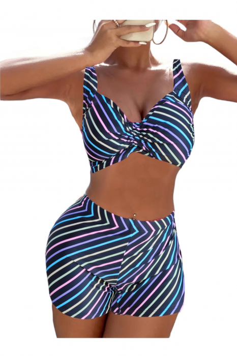 Costum de baie 2 piese, marime mare, cu slipi tip pantaloni scurti, sutien bustiera, multicolor, Amalfi embody.ro [4]