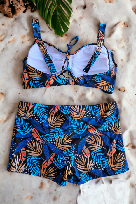 Costum de baie 2 piese, marime mare, cu slipi tip pantaloni scurti, sutien bustiera, multicolor, Gold embody.ro [3]