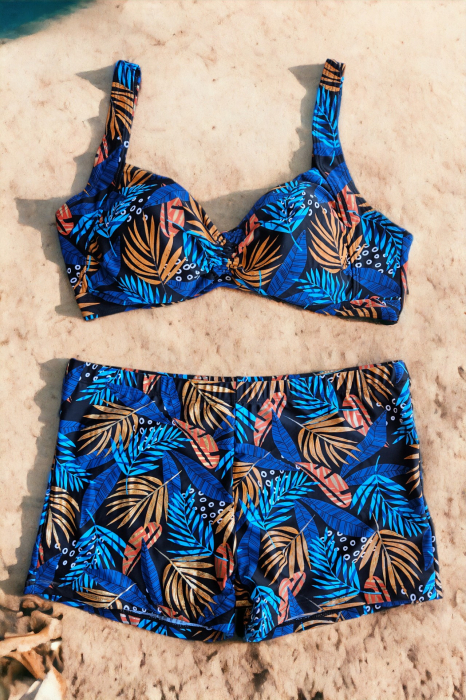 Costum de baie 2 piese, marime mare, cu slipi tip pantaloni scurti, sutien bustiera, multicolor, Gold embody.ro [2]