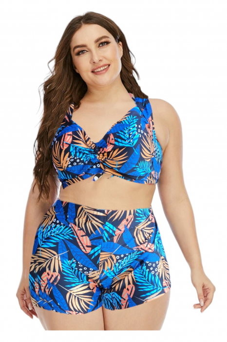 Costum de baie 2 piese, marime mare, cu slipi tip pantaloni scurti, sutien bustiera, multicolor, Gold embody.ro [4]