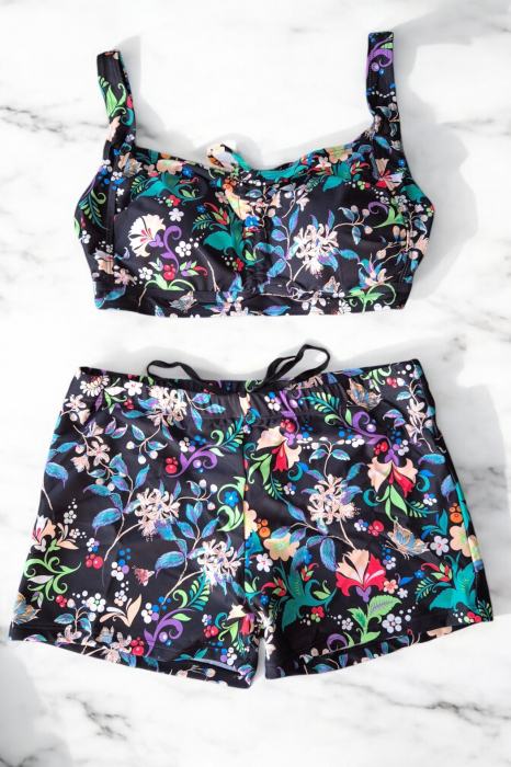 Costum de baie 2 piese, marime mare, cu slipi tip pantaloni scurti, sutien bustiera, negru/turcoaz-embody.ro [2]