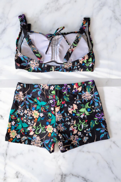 Costum de baie 2 piese, marime mare, cu slipi tip pantaloni scurti, sutien bustiera, negru/turcoaz-embody.ro [3]