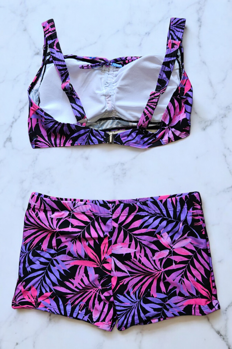 Costum de baie 2 piese, marime mare, cu slipi tip pantaloni scurti, sutien bustiera, Mov, Palms-embody.ro [3]