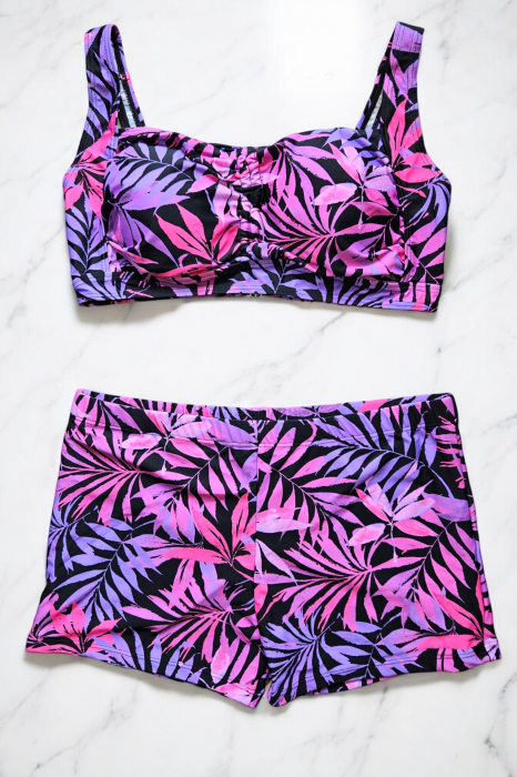 Costum de baie 2 piese, marime mare, cu slipi tip pantaloni scurti, sutien bustiera, Mov, Palms-embody.ro [2]