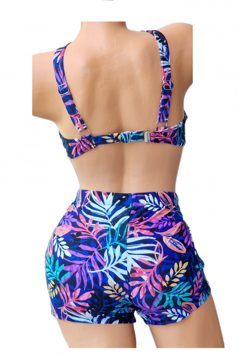 Costum de baie 2 piese, marime mare, cu slipi tip pantaloni scurti, sutien bustiera, multicolor, Miky embody.ro [2]