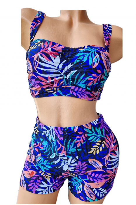 Costum de baie 2 piese, marime mare, cu slipi tip pantaloni scurti, sutien bustiera, multicolor, Miky embody.ro [3]
