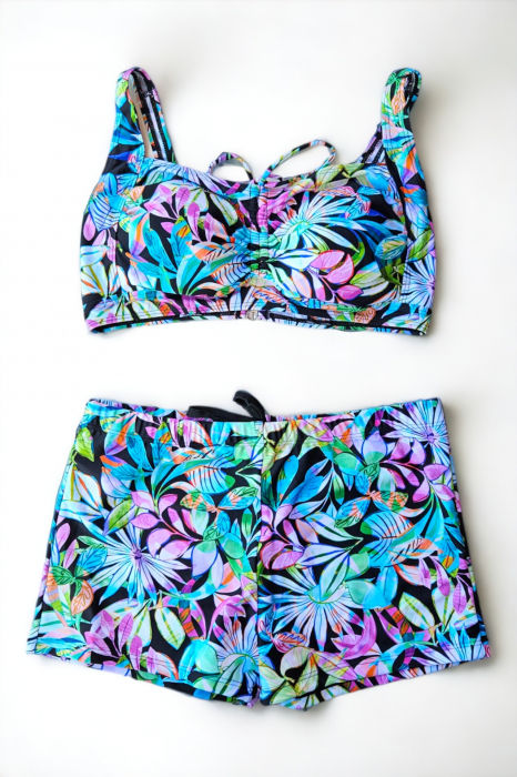 Costum de baie 2 piese, marime mare, cu slipi tip pantaloni scurti, sutien bustiera, multicolor, lagoon embody.ro [2]