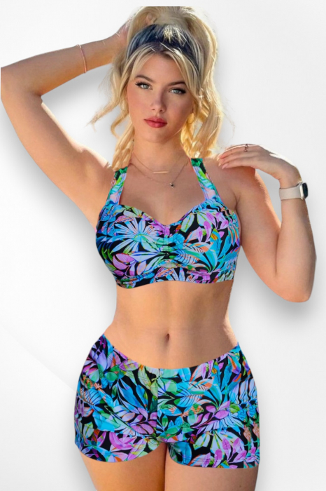 Costum de baie 2 piese, marime mare, cu slipi tip pantaloni scurti, sutien bustiera, multicolor, lagoon embody.ro [4]