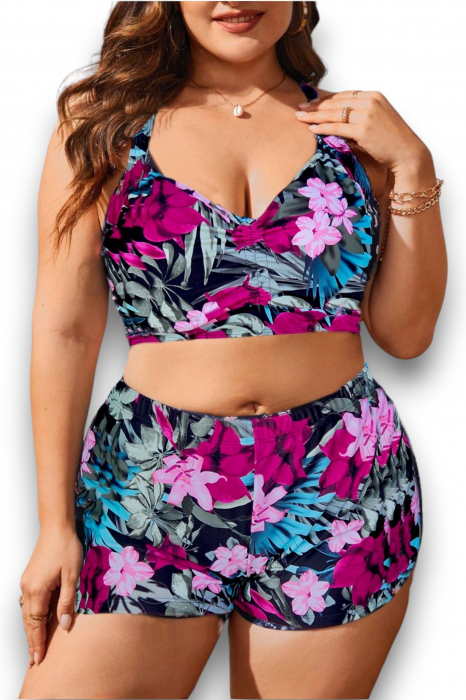 Costum de baie 2 piese, marime mare, cu slipi tip pantaloni scurti, sutien bustiera, visiniu embody.ro [4]