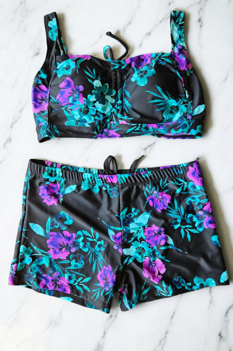Costum de baie 2 piese, marime mare, cu slipi tip pantaloni scurti, sutien bustiera, negru/turcoaz-embody.ro [2]