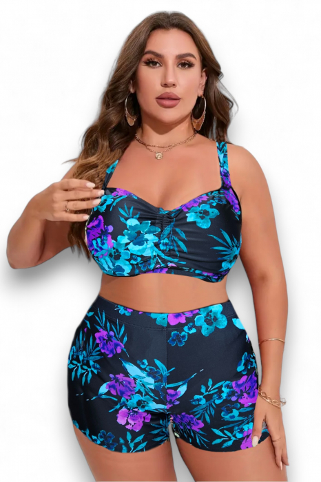 Costum de baie 2 piese, marime mare, cu slipi tip pantaloni scurti, sutien bustiera, negru/turcoaz-embody.ro [4]