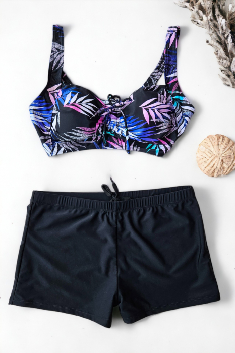 Costum de baie 2 piese, marime mare, slip tip pantaloni scurti, sutien bustiera, multicolor, Exotic embody.ro [2]