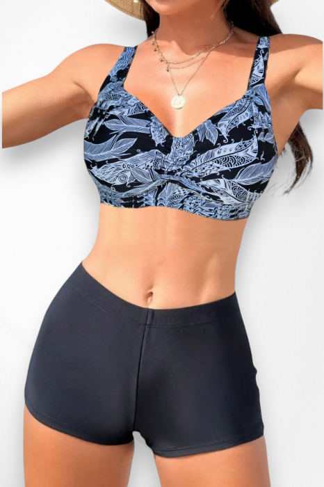 Costum de baie 2 piese, marime mare, slip tip pantaloni scurti, sutien bustiera, alb/negruembody.ro [4]