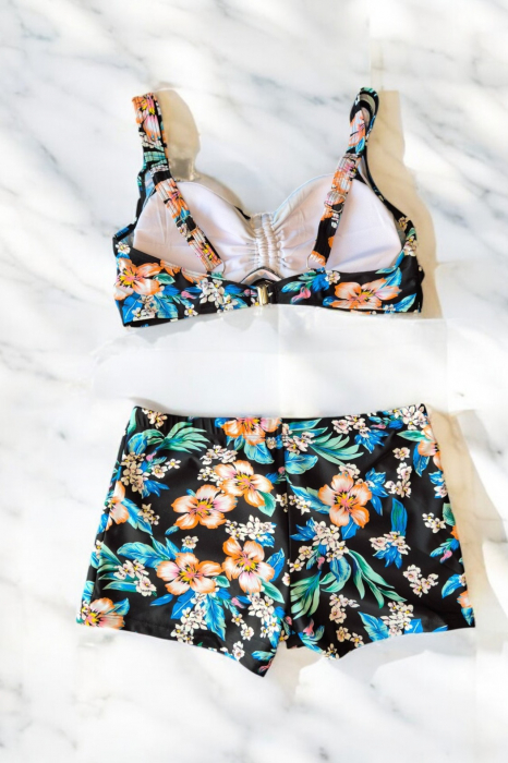 Costum de baie 2 piese, marime mare, cu slipi tip pantaloni scurti, sutien bustiera-embody.ro [3]