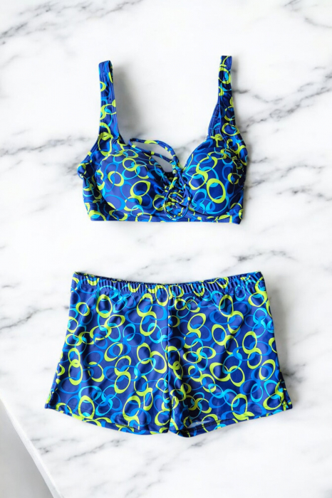 Costum baie dama 2 piese, marime mare, slipi tip pantaloni scurti, sutien bustiera blue, Ariana f2502 [2]
