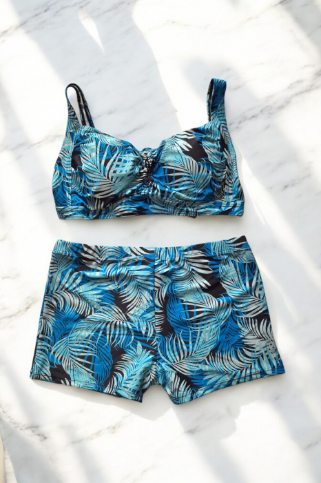Costum de baie 2 piese, marime mare, cu slipi tip pantaloni scurti, sutien bustiera, embody.ro [2]