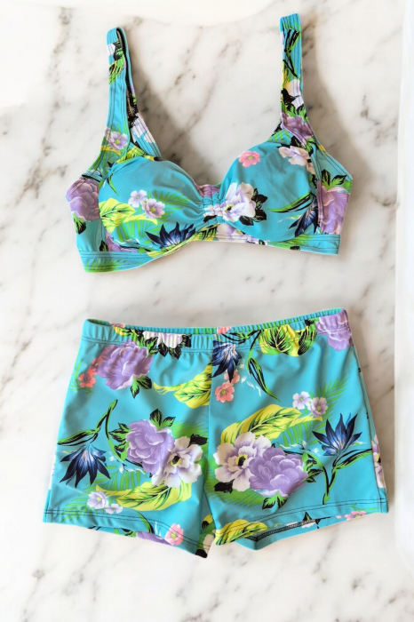 Costum de baie 2 piese, marime mare, cu slipi tip pantaloni scurti, sutien bustiera, embody.ro [2]