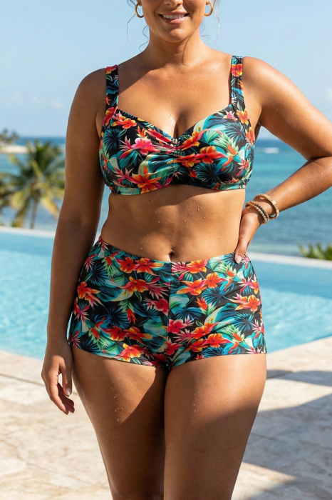 Costum de baie 2 piese, marime mare, cu slipi tip pantaloni scurti, sutien bustiera, embody.ro [1]