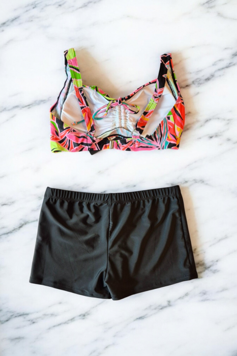 Costum de baie 2 piese, marime mare, cu slipi tip pantaloni scurti, sutien bustiera, embody.ro [3]