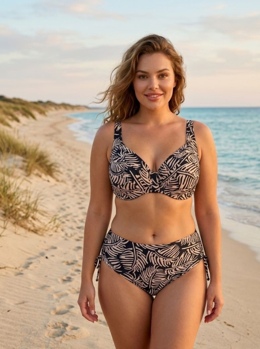 Costum de baie 2 piese marimi mari negru/bej cu imprimeu tropical si sutien cu sustinere lm068 [3]