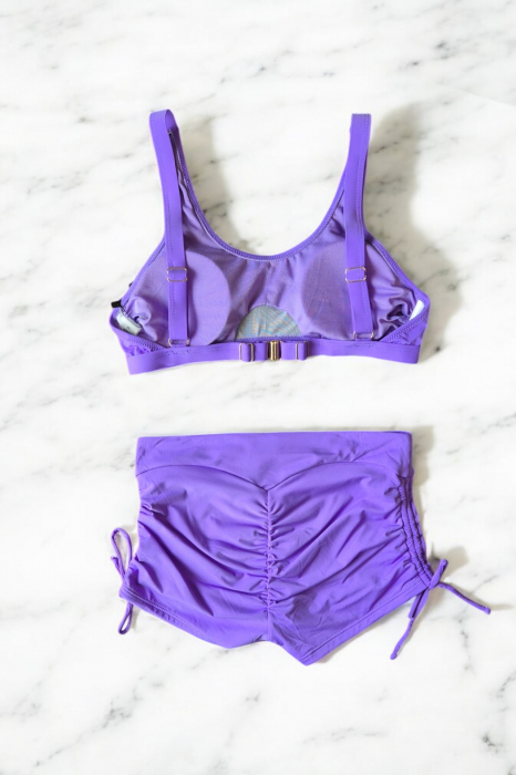 Costum de baie 2 piese, slip pantalon scurt cu incretitura spate, sutien bustiera, mov [3]