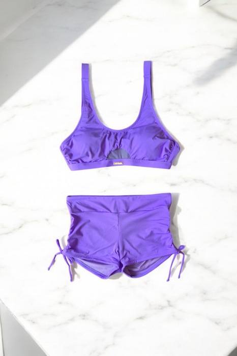 Costum de baie 2 piese, slip pantalon scurt cu incretitura spate, sutien bustiera, mov [2]