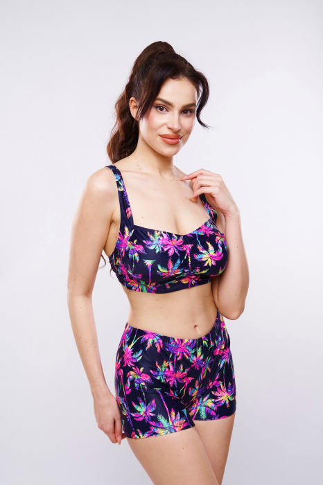 Costum de baie marime mare, multicolor cu slipi tip pantaloni scurti si imprimeu palmieri, Palm, embody.ro [5]